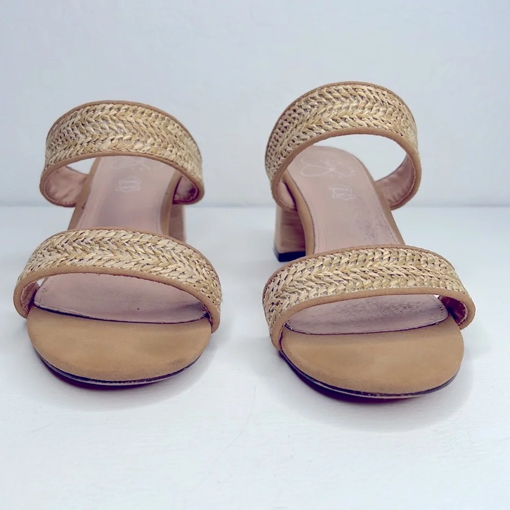 Oasis Society Backless Stacked Block Heels Sandals Tan Straw Size 9